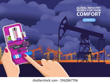 Mobile app with beauty products on the background of an oil-producing plant. Vector banner.