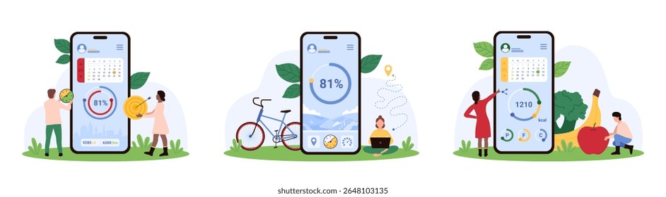 Aplicativo móvel para treinamento de bicicleta, dieta e conjunto de planejamento de objetivos empresariais. Pessoas minúsculas planejam exercícios de bicicleta saudável e nutrição no calendário, use o gráfico de círculo para completar tarefa de desenho animado vetor ilustração