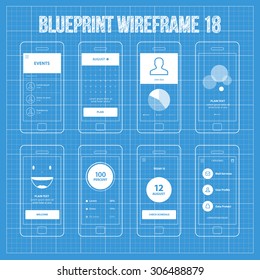 Mobile App Blueprint Wireframe Ui Kit 18. Events screen, calendar screen, piechart statistic screen, text information screen, welcome screen, analysis screen, schedule screen, categories screen.