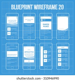 Mobile App Blueprint Wireframe Ui Kit 20. Article post main screen, article read screen, user profile articles list screen, main photo with headline screen, post list screen, article title screen.