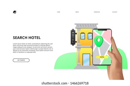 Mobile app booking hotel reservation online concept illustration. Header banner landing page website.