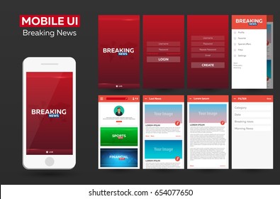 Mobile app Breaking News Material Design UI, UX, GUI. Responsive website