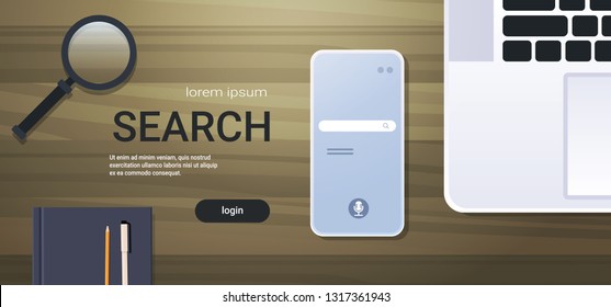 mobile app browsing online search concept top angle view workplace desktop with laptop smartphone screen office stuff horizontal copy space
