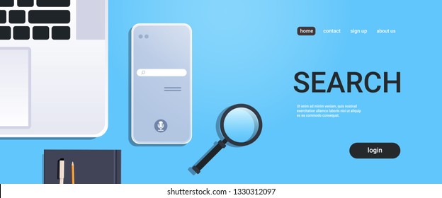 mobile app browsing online search concept top angle view workplace desktop with laptop smartphone screen office stuff horizontal copy space