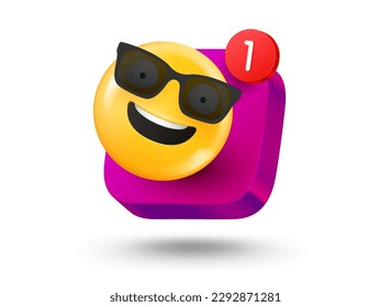 Mobile app button with emoji. 3d vector mobile application icon with notification