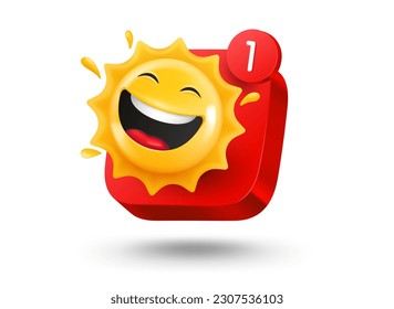 Mobile app button with smiling sun emoji. 3d vector mobile application icon with notification