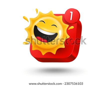Mobile app button with smiling sun emoji. 3d vector mobile application icon with notification
