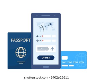 Mobile app for buying ticket with smartphone. Booking flights travel. Buy ticket online. Passport and credit card. Online registration. Vector illustration