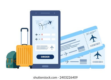 Aplicación móvil para comprar boletos con smartphone. Vuelos de reserva. Billetes de avión y equipaje. Viaje, viaje, viaje de negocios. Ilustración del vector