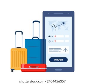 Mobile app for buying ticket with smartphone. Booking flights travel. Air tickets and baggage. Travel, journey, business trip. Vector illustration