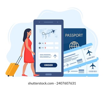 Mobile app for buying ticket with smartphone. Booking flights travel. Air tickets, passport, woman walking with suitcase. Travel, journey, business trip. Vector illustration