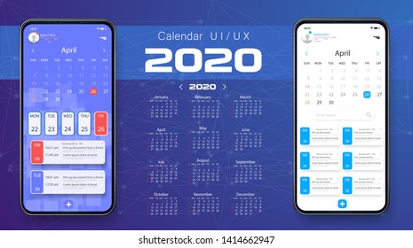 Mobile app calendar 2020 template creative design.  List and tasks UI UX. Design for mobile phone. To do app UI. Event calendar application. Vector illustration