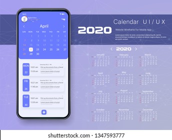 Mobile app calendar 2020 week start sunday corporate design template vector Tasks UI UX Design Mockup Vector.  GUI UI UX template layout. Blue calendar widget event.