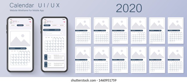 	
Mobile app calendar 2020 week start sunday corporate design template vector Tasks UI UX Design Mockup Vector. GUI UI UX template layout. Blue calendar widget event.