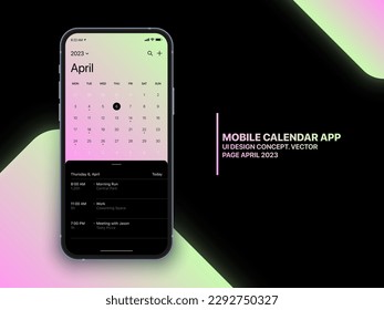 Mobile App Calendar April 2023 Page with To Do List and Tasks Vector UI UX Design Concept on Isolated Photo Realistic Smart Phone Screen Mockup. Smartphone Business Planner Application Template