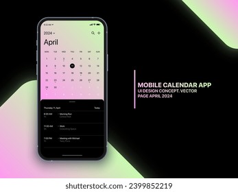 Mobile App Calendar April 2024 Seite mit To Do List und Tasks Vector UI UX Design Konzept auf isoliertes Foto realistic Smartphone Screen Mock up. Vorlage für den Smartphone-Business-Planer