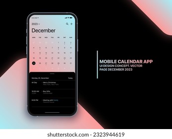 Mobile App Calendar December 2023 Page with To Do List and Tasks Vector UI UX Design Concept on Isolated Photo Realistic Smart Phone Screen Mockup. Smartphone Business Planner Application Template