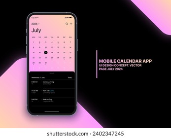 Mobile App Calendar Juli 2024 Seite mit To Do List und Tasks Vector UI UX Design Konzept auf isolierte Foto-Realistic Smartphone Screen Mock up. Vorlage für den Smartphone-Business-Planer