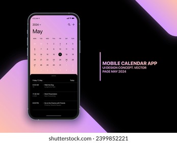 Mobile App Calendar May 2024 Page with To Do List and Tasks Vector UI UX Design Concept on Isolated Photo Realistic Smart Phone Screen Mockup. Smartphone Business Planner Application Template