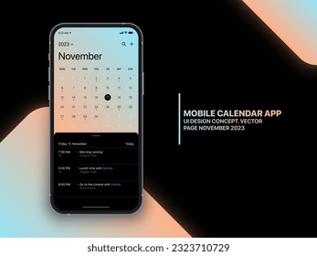 Mobile App Calendar November 2023 Seite mit To Do List und Tasks Vector UI UX Design Konzept auf isoliertes Foto realistic Smartphone Screen Mock up. Vorlage für den Smartphone-Business-Planer