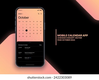 Mobile App Kalender Oktober 2024 Seite mit To Do List und Tasks Vector UI UX Design Konzept auf isolierte Foto-Realistic Smartphone Bildschirm Mock up. Vorlage für den Smartphone-Business-Planer