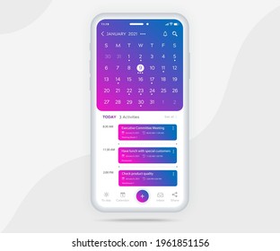 Mobile App Calendar Planner Concept, Activity Calendar Template UI UX, Smartphone Calendar Schedule Agenda Annual Planning Meeting Application, Calendar Events, Appointment, Event App, Vector Phone