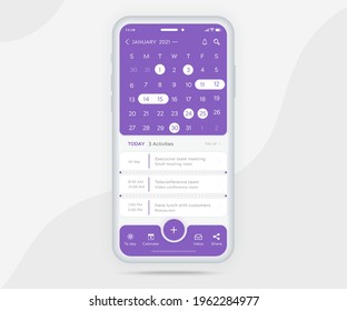 Mobile app calendar planner concept, Activity calendar template UI UX, Smartphone calendar schedule agenda annual planning meeting application, Calendar events, Appointment, Event app, Vector phone