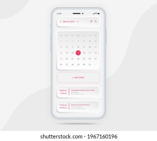 Mobile App Calendar Planner Concept, Activity Calendar Template UI UX, Smartphone Calendar Schedule Agenda Annual Planning Meeting Application, Calendar Events, Appointment, Event App, Vector Phone