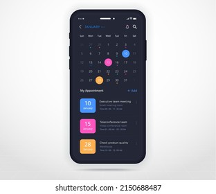 Mobile app calendar planner concept, Appointment calendar template UI UX, Smartphone calendar schedule agenda annual planning meeting application, Calendar events, Activity, Event app, Vector phone