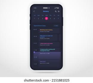 Mobile App Calendar Planner Concept, Appointment Calendar Template UI UX, Smartphone Calendar Schedule Agenda Annual Planning Meeting Application, Calendar Events, Activity, Event App, Vector Phone