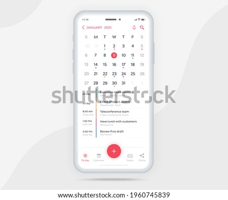 Mobile app calendar planner concept, Activity calendar template UI UX, Smartphone calendar schedule agenda annual planning meeting application, Calendar events, Appointment, Event app, Vector phone