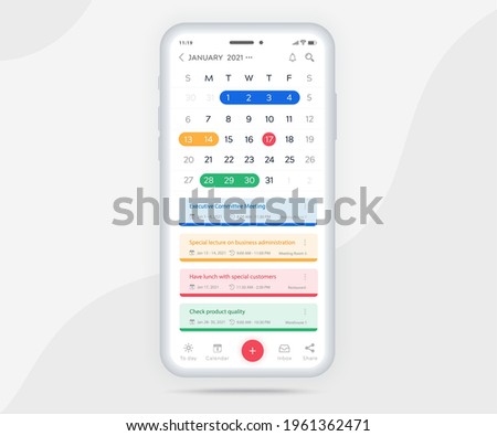 Mobile app calendar planner concept, Activity calendar template UI UX, Smartphone calendar schedule agenda annual planning meeting application, Calendar events, Appointment, Event app, Vector phone