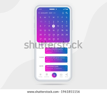 Mobile app calendar planner concept, Activity calendar template UI UX, Smartphone calendar schedule agenda annual planning meeting application, Calendar events, Appointment, Event app, Vector phone