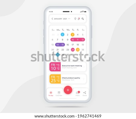 Mobile app calendar planner concept, Activity calendar template UI UX, Smartphone calendar schedule agenda annual planning meeting application, Calendar events, Appointment, Event app, Vector phone