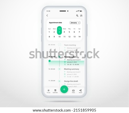 Mobile app calendar planner concept, Appointment calendar template UI UX, Smartphone calendar schedule agenda annual planning meeting application, Calendar events, Activity, Event app, Vector phone