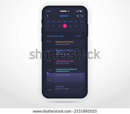 Mobile app calendar planner concept, Appointment calendar template UI UX, Smartphone calendar schedule agenda annual planning meeting application, Calendar events, Activity, Event app, Vector phone