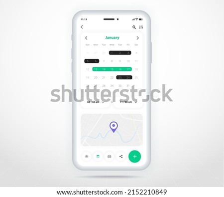 Mobile app calendar planner concept, Appointment calendar template UI UX, Smartphone calendar schedule agenda annual planning meeting application, Calendar events, Activity, Map gps app, Vector phone
