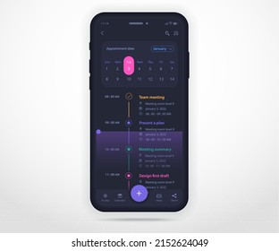 Mobile App Calendar Planner Dark Concept, Appointment Calendar Template UI UX, Smartphone Calendar Schedule Agenda Annual Planning Meeting Application, Calendar Events, Activity, Event, Vector Phone