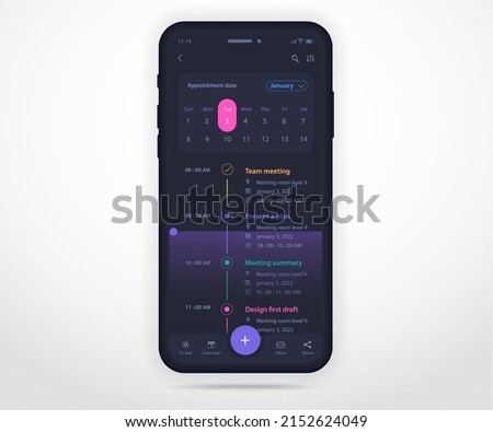 Mobile app calendar planner dark concept, Appointment calendar template UI UX, Smartphone calendar schedule agenda annual planning meeting application, Calendar events, Activity, Event, Vector phone