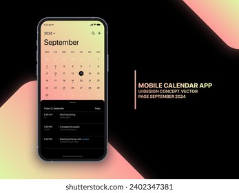 Mobile App Calendar September 2024 Page with To Do List and Tasks Vector UI UX Design Concept on Isolated Photo Realistic Smart Phone Screen Mockup. Smartphone Business Planner Application Template