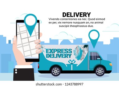 mobile app cargo minivan geo tag delivery transport parcel packages navigation destination city map location shipping industrial concept cityscape background flat horizontal copy space