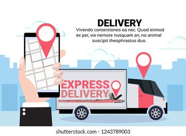 mobile app cargo minivan geo tag delivery transport parcel packages navigation destination city map location shipping industrial concept cityscape background flat horizontal copy space