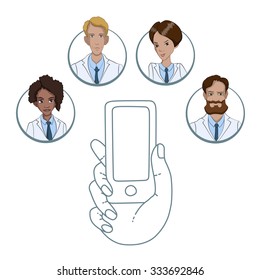 Mobile app for collaboration between medical workers - Communication doctors and patients through the smartphone.  Vector flat illustration of cloud service and technology. Mobile in the hands.