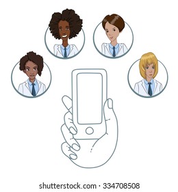 Mobile app for collaboration between medical workers - Communication doctors and patients through the smartphone. Vector flat illustration of cloud service and technology. Mobile in the hands.