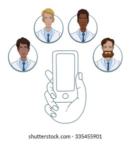 Mobile app for collaboration between medical workers - Communication doctors and patients through the smartphone. Vector flat illustration of cloud service and technology. Mobile in the hands.