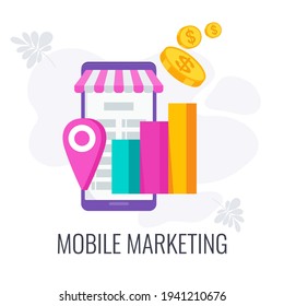 Mobile App color infographics Icon. Phone with application. Learning, entertainment and navigation. Online banking, business management. Flat vector illustration.
