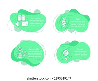 Mobile app concept illustrations. Onboarding application screens infographic template. Fluid elements with text and linear icons. Four wavy bubbles steps. Presentation, banner report vector cliparts
