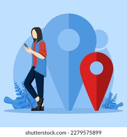 Mobile app concept for location tracking, navigation, route finding, directions or addresses. Woman studying on map pin and using smartphone. Modern flat vector illustration for banners.