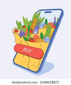 Concepto de App móvil con una pantalla de teléfono inteligente que muestra bolsas de comestibles llenas de verduras, frutas, pan y productos lácteos. Comprar Botón para compras en línea. Diseño plano. Ilustración vectorial.