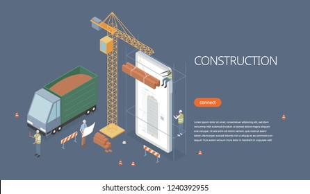 Mobile app concept used in construction and construction. isometric view flat design style vector graphic illustration.